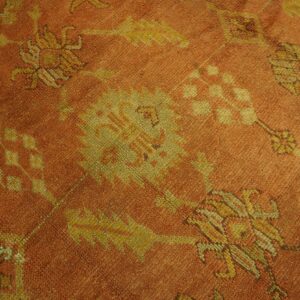 Textured, terracotta-colored rug featuring stylized geometric and floral designs in moss green and gold.