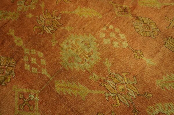 Textured, terracotta-colored rug featuring stylized geometric and floral designs in moss green and gold.