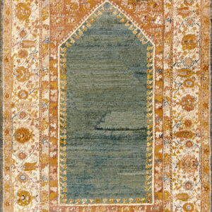 Low-pile rug with a blue-green arched central field surrounded by floral borders in orange and cream.