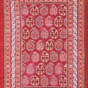 Red rug with repeating pink and blue stylized guls and complex geometric borders.