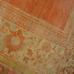 Textured orange and tan rug with a traditional floral border resting on visible wooden flooring.