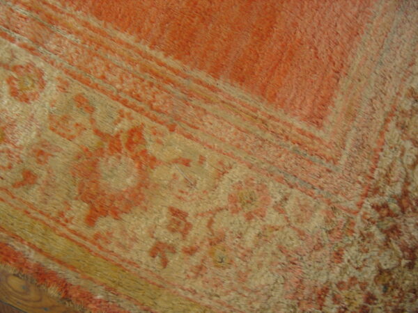 Textured orange and tan rug with a traditional floral border resting on visible wooden flooring.