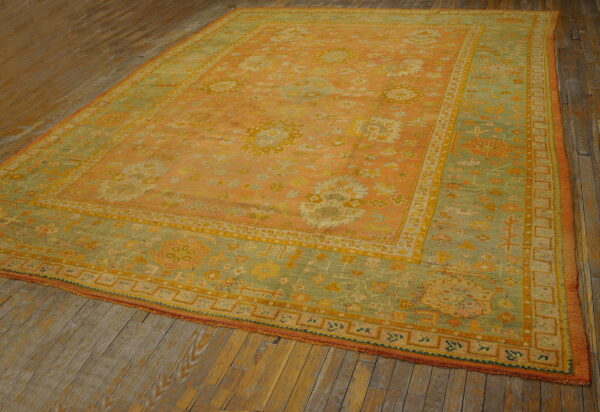 Coral and sage green patterned area rug with ornate borders shown on distressed wood flooring.
