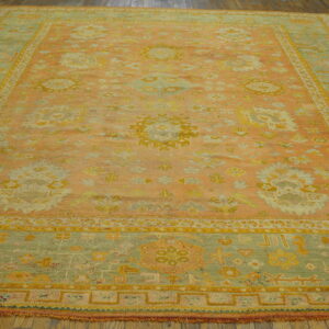 Ornate low-pile rug with a peach field and sage border featuring gold and cream traditional motifs on a wood floor.