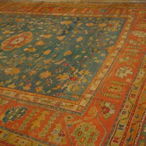 Ornate teal and yellow botanical patterned rug framed by a bold, contrasting orange border on wood planks.