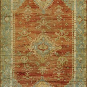 Rust orange rug with a traditional medallion and patterned dusty teal border.