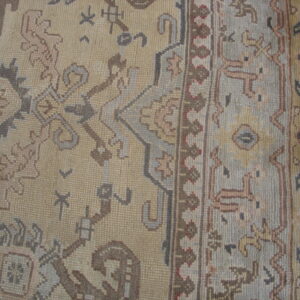 Muted beige rug with intricate brown and gray traditional patterns next to a detailed border.