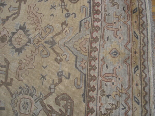 Muted beige rug with intricate brown and gray traditional patterns next to a detailed border.