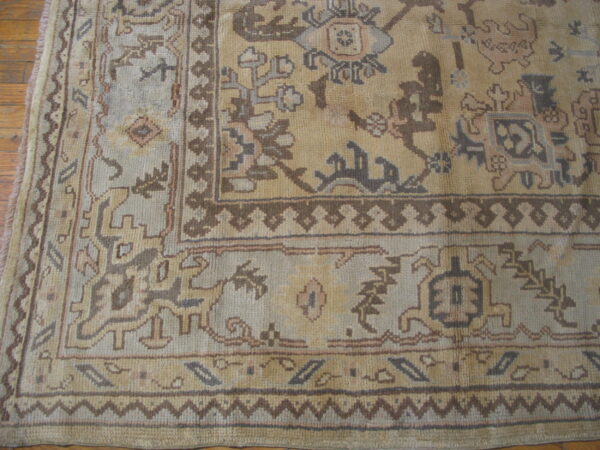 Traditional rug detail showing tan and pale blue panels with complex brown and taupe geometric patterns on wood floors.