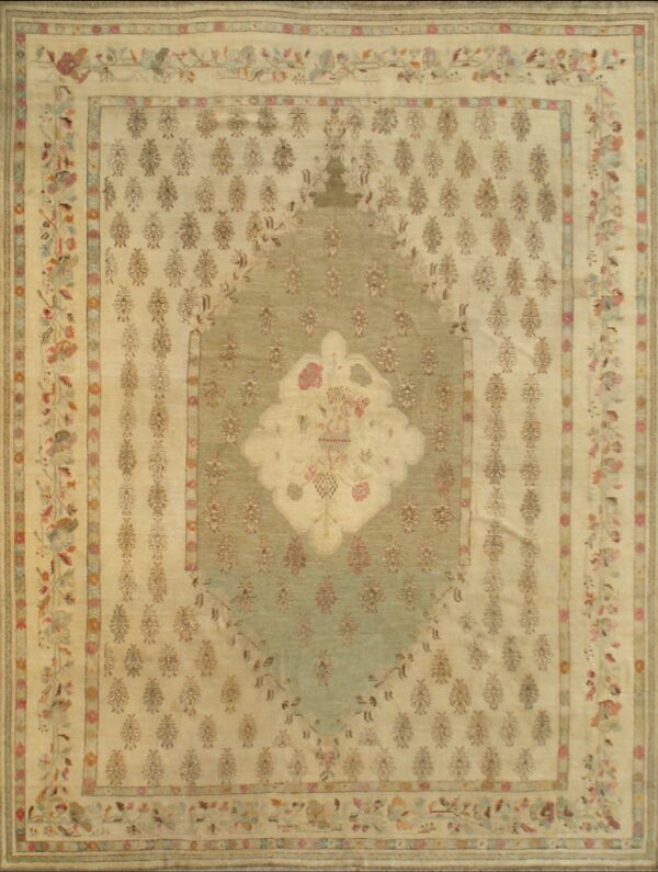 Decorative light squarish room size antique tribal turkish oushak carpet