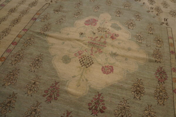 Decorative light squarish room size antique tribal turkish oushak carpet - image 7