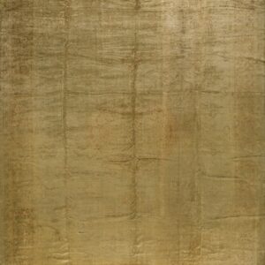 Low-pile rug in lustrous olive and gold tones displaying a faded traditional medallion pattern.