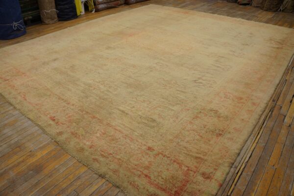 Large beige rug with faint coral and green patterns rests on distressed wooden floorboards.