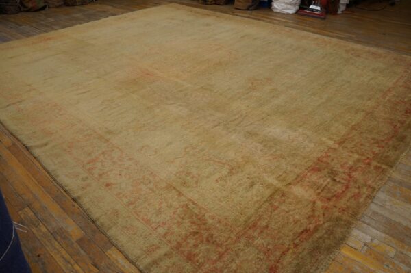 Low-pile area rug in pale olive and faded red with an ornate border on distressed plank wood flooring.