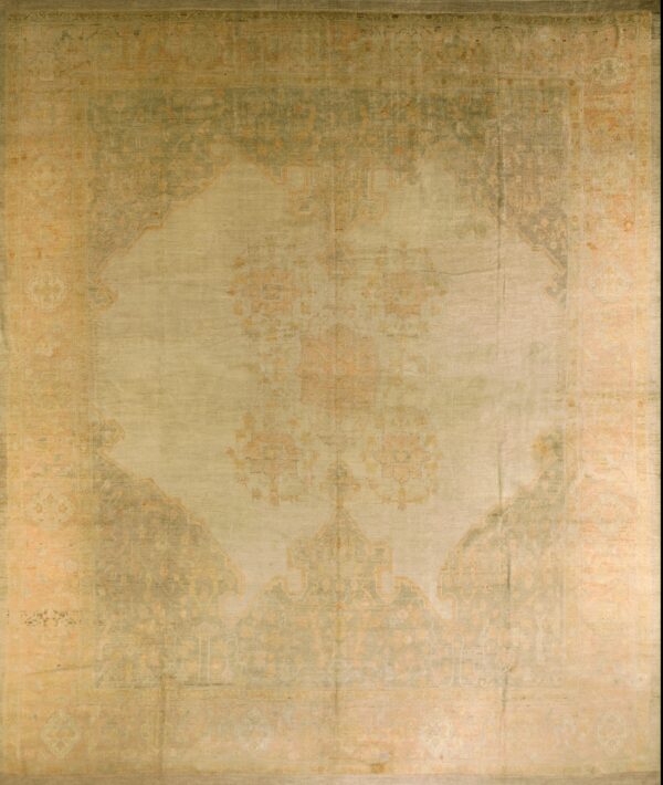 Wool hand knotted pile ivory beige cream white large floral medallion square antique 1890s rug