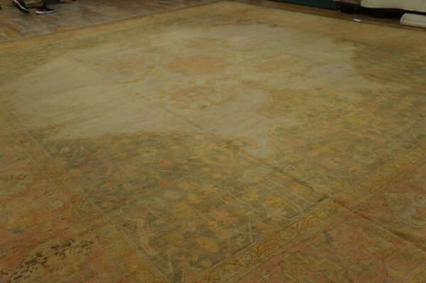 Muted traditional rug in gold, olive, and peach with a central pattern, displayed on wood flooring.