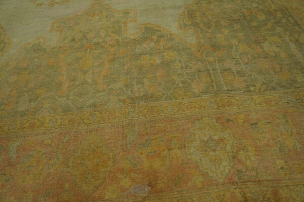 Wool hand knotted pile ivory beige cream white large floral medallion square antique 1890s rug - image 6