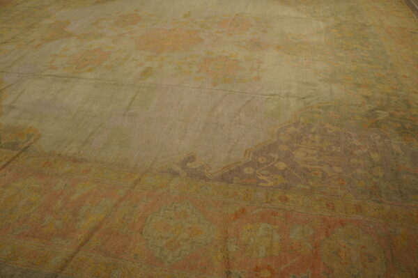 Wool hand knotted pile ivory beige cream white large floral medallion square antique 1890s rug - image 5