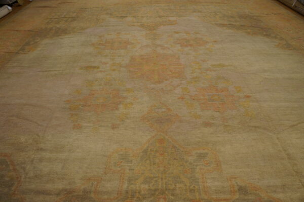 Wool hand knotted pile ivory beige cream white large floral medallion square antique 1890s rug - image 3