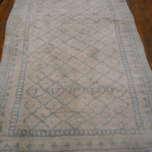 A high-pile cream runner rug with a faded blue geometric pattern rests on brown wood flooring.