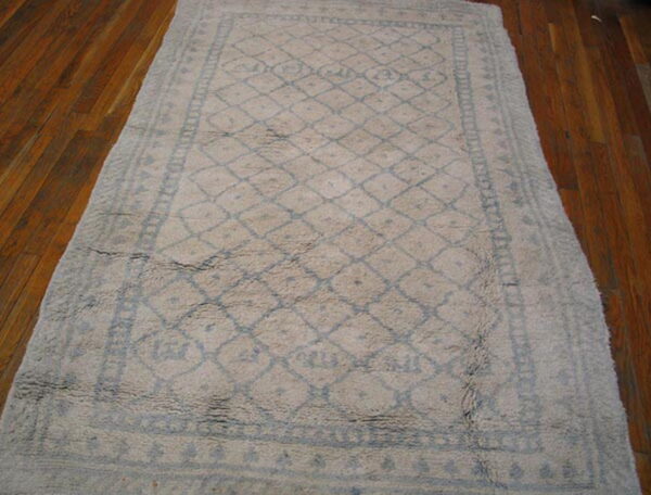 Textured cream rug with a blue trellis pattern and borders rests on reddish-brown hardwood flooring.