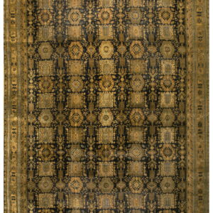 Rectangular rug featuring a dark navy field with repeating gold geometric and tribal designs.