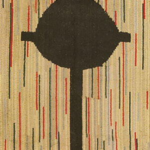 Beige, red, and black striped rug features a central stylized black arrow or compass directional design.