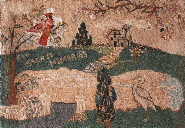 Textured folk art rug in tan, forest green, and red depicting a landscape with birds, a house, and trees.