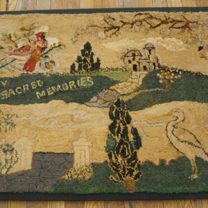 High-pile rug with an earthy landscape design, featuring green hills, birds, and the words "MY SACRED MEMORIES" on wood floor.