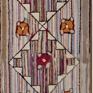 Vertical striped runner with high texture, featuring a cream geometric lattice and orange and red floral motifs.