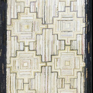 A vertical runner rug with a black border and a central cream and beige textured geometric pattern.