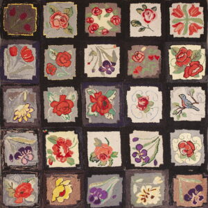 Multicolor floral and bird motifs are displayed within square blocks separated by a thick black grid.