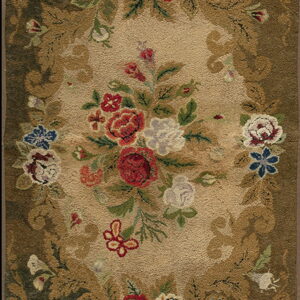 Runner rug displaying multicolored bouquets in a central beige oval framed by earthy brown and green scrollwork.