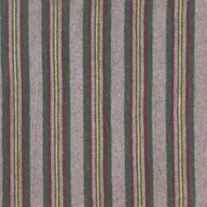 Vertical striped rug with muted gray sections and thin lines of dark green, deep red, and bright yellow.