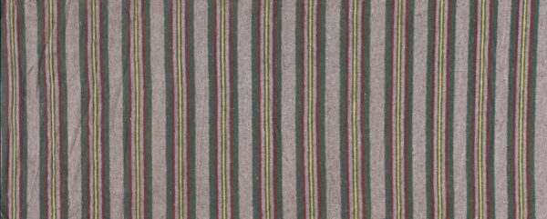 Vertical striped rug with muted gray sections and thin lines of dark green, deep red, and bright yellow.