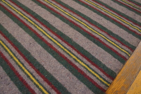 Low pile gray rug with diagonal green, red, and yellow stripes lies next to light brown wood flooring.