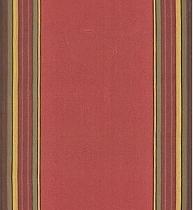 Low-pile runner with a solid red field bordered by vertical stripes in dark brown, olive, and gold.