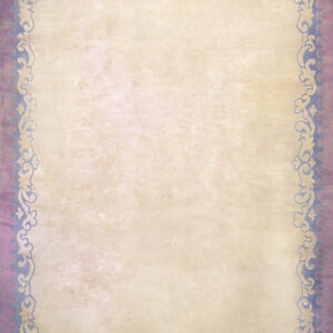 A beige rug featuring a solid center framed by lavender and blue borders with scrolling baroque patterns.