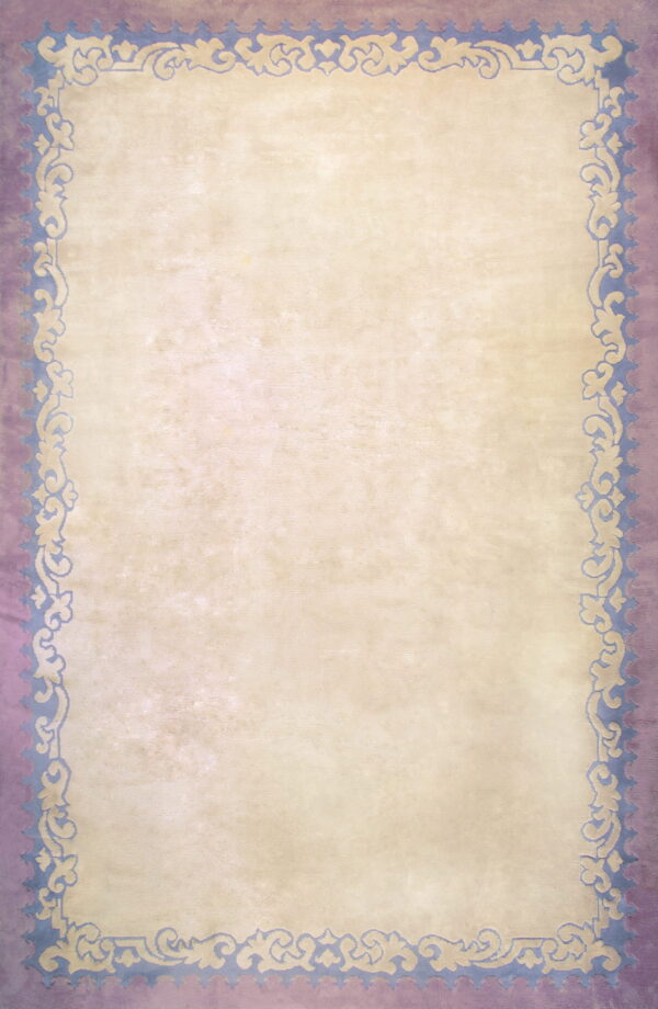 A beige rug featuring a solid center framed by lavender and blue borders with scrolling baroque patterns.