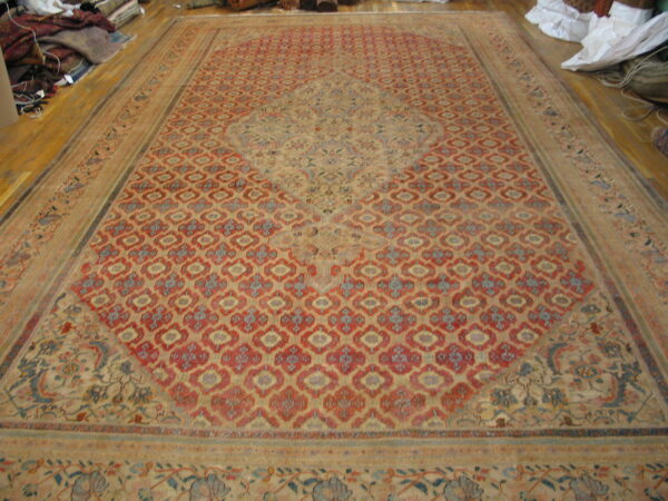 Large red, beige, and blue rug featuring a central medallion and repeating motifs on a light wood floor.