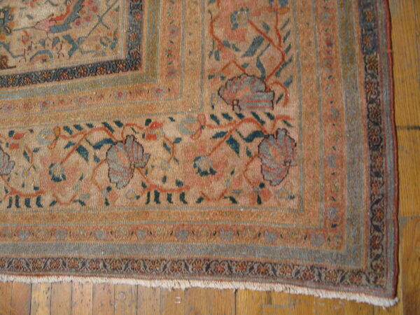 Corner detail of a muted gold rug with intricate blue, red, and tan floral patterning on hardwood floors.