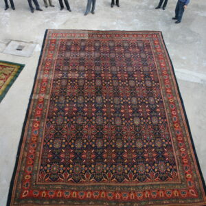 A large dark blue patterned rug with complex red borders rests on concrete, viewed by nine people outdoors.