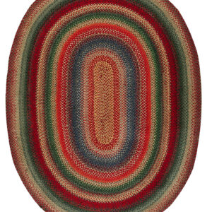 Textured, braided oval rug in concentric bands of mottled red, green, blue, and tan colors.