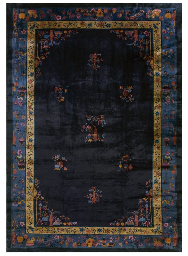 Deep navy rug with a sheen, bordered by detailed teal, gold, and multicolor floral and symbolic designs.