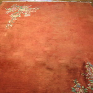 Orange high-pile area rug with soft floral corner accents displayed on dark wood flooring.