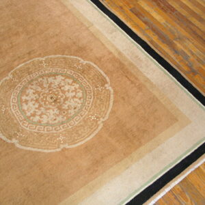 Tan rug corner with a cream medallion and border stripes in black, beige, and light green on wood planks.