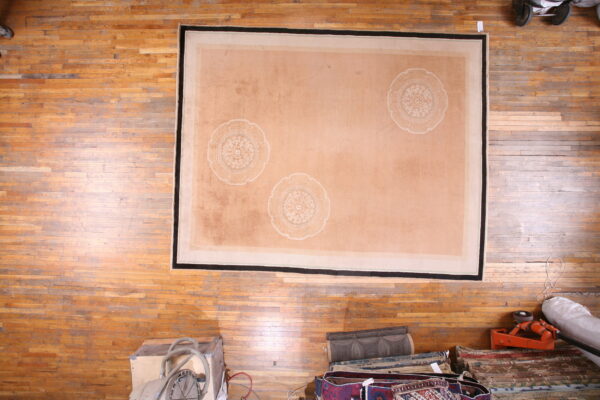 Low-pile peach rug with three large white medallions and a black border on distressed hardwood flooring.