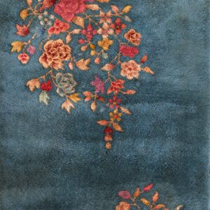 Rectangle Allover Floral Antique Hand Knotted Pile Wool 1920s Blue Rug