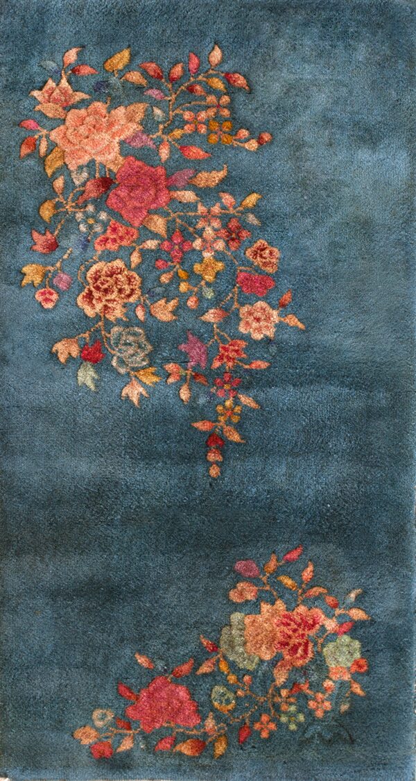 Rectangle allover floral antique hand knotted pile wool 1920s blue rug