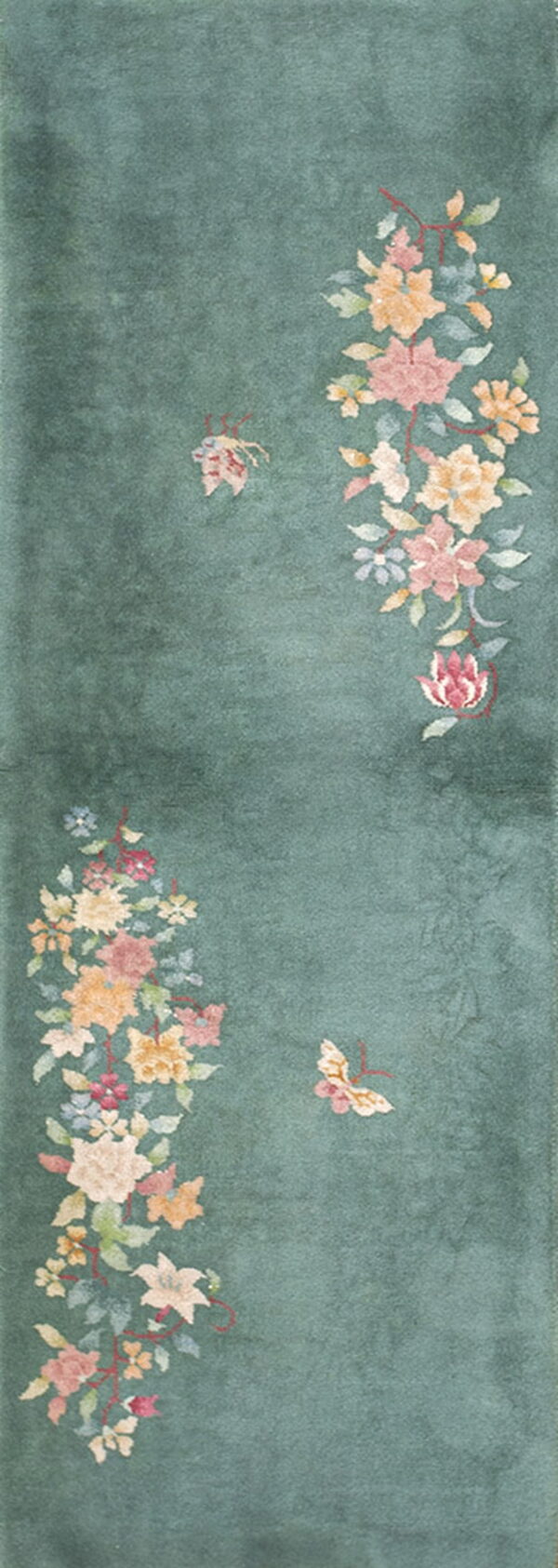 A long teal runner rug featuring vertical trailing vines of colorful pastel flowers and leaves.